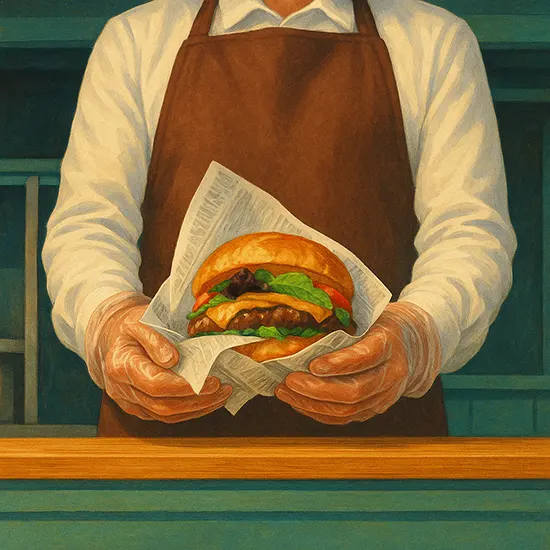 Accueil du foodtruck avec un serveur qui présente un burger maison fraîchement cuisiné à la Table de Trois-Bordeaux
